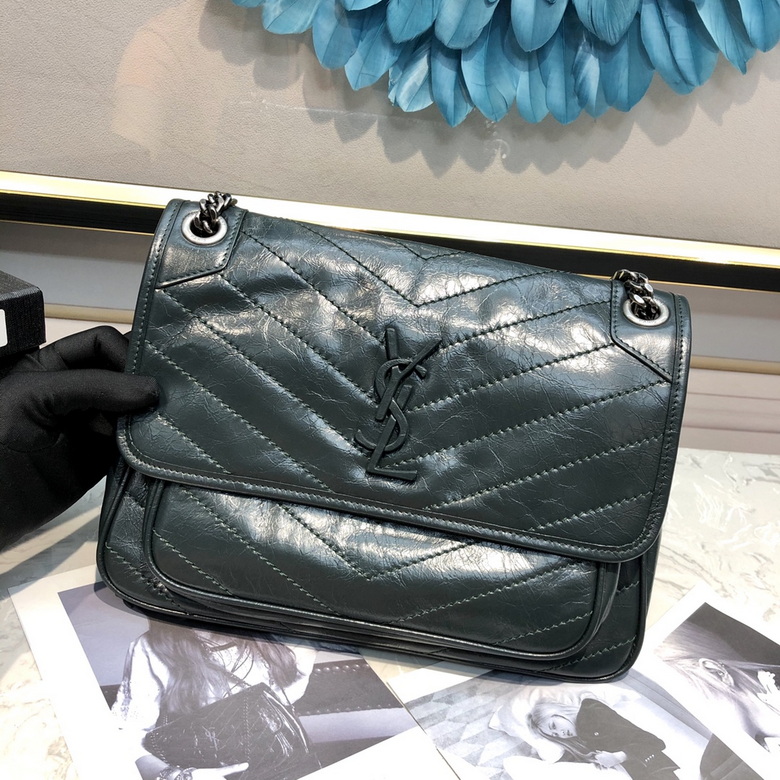 Saint Laurent Niki Medium Chain Shoulder Bag in Dark Green Crinkled Leather