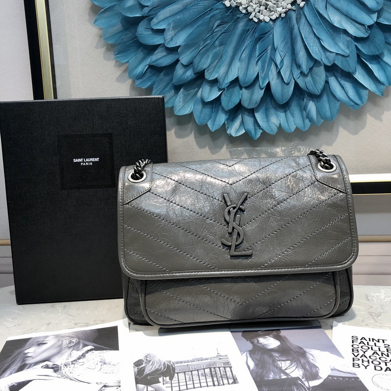 Saint Laurent Niki Medium Chain Shoulder Bag in Grey Crinkled Vintage Leather