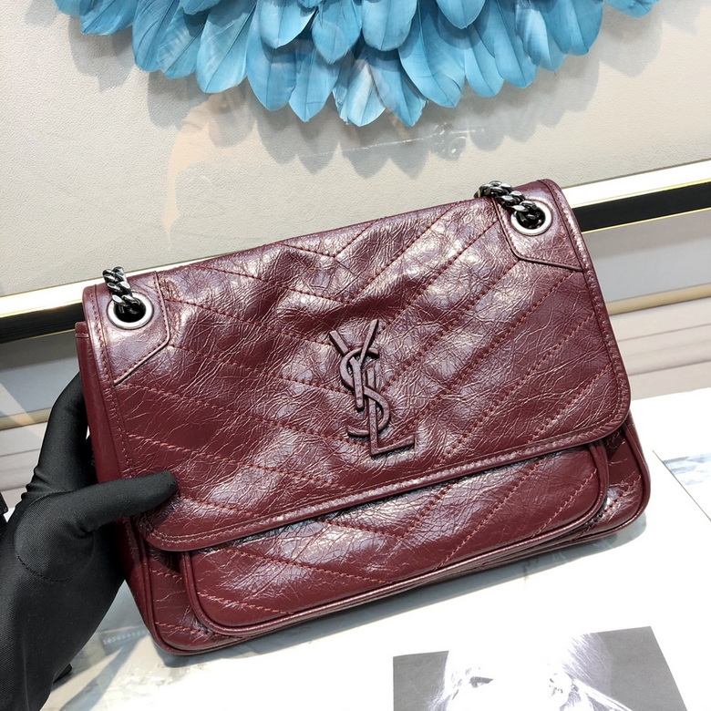 Saint Laurent Niki Medium Chain Shoulder Bag in Burgundy Crinkled Leather