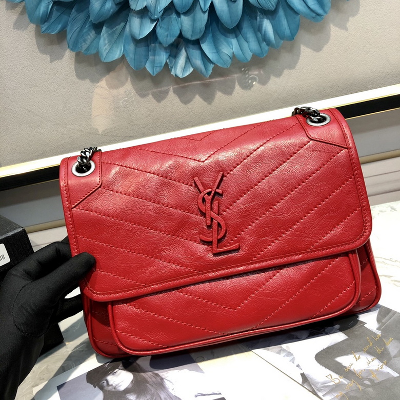 Saint Laurent Niki Medium Chain Shoulder Bag in Red Crinkled Leather
