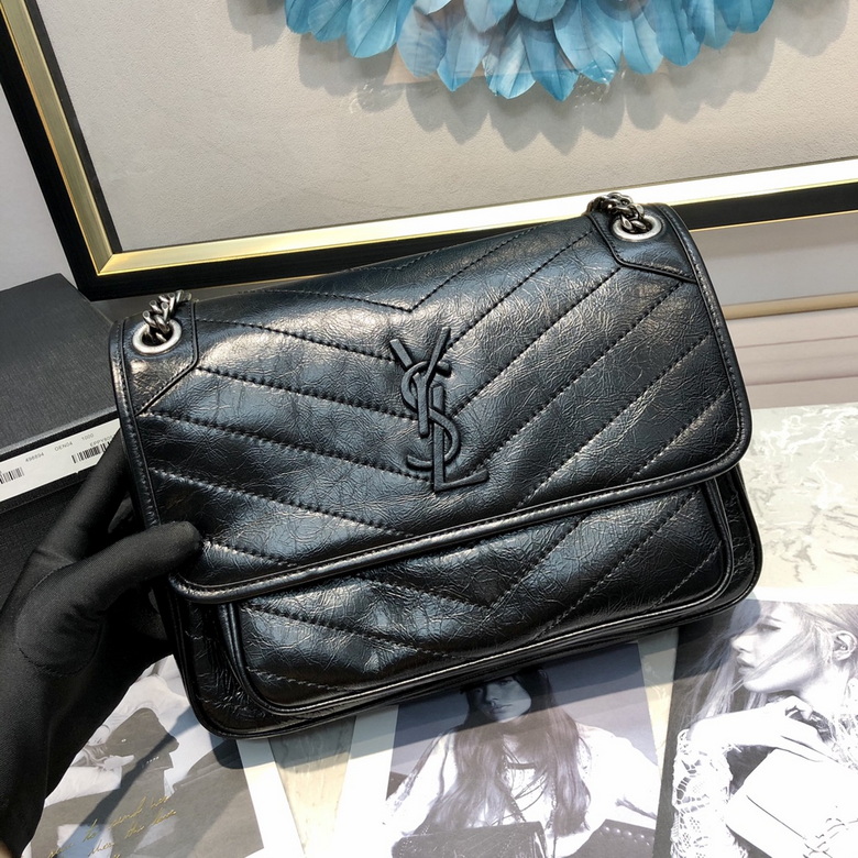 Saint Laurent Niki Medium Chain Shoulder Bag in Black Crinkled Leather