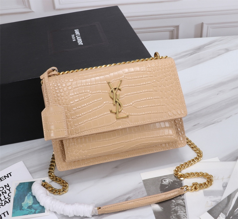 Saint Laurent Sunset Medium Crossbody Bag in Beige Croc-Embossed Leather