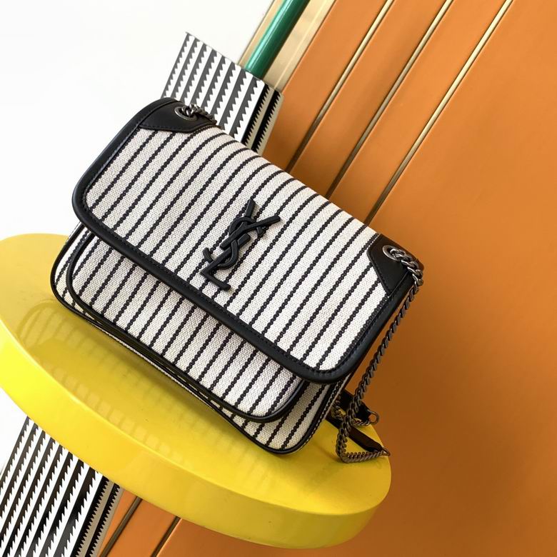 Saint Laurent Niki Baby Chain Bag in Black and White Striped Canvas