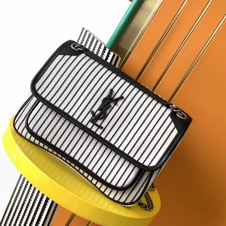 Saint Laurent Niki Medium Chain Shoulder Bag in Black and White Striped Canvas