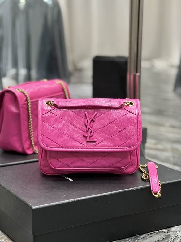 Saint Laurent Niki Baby Chain Shoulder Bag in Pink Crinkled Vintage Leather