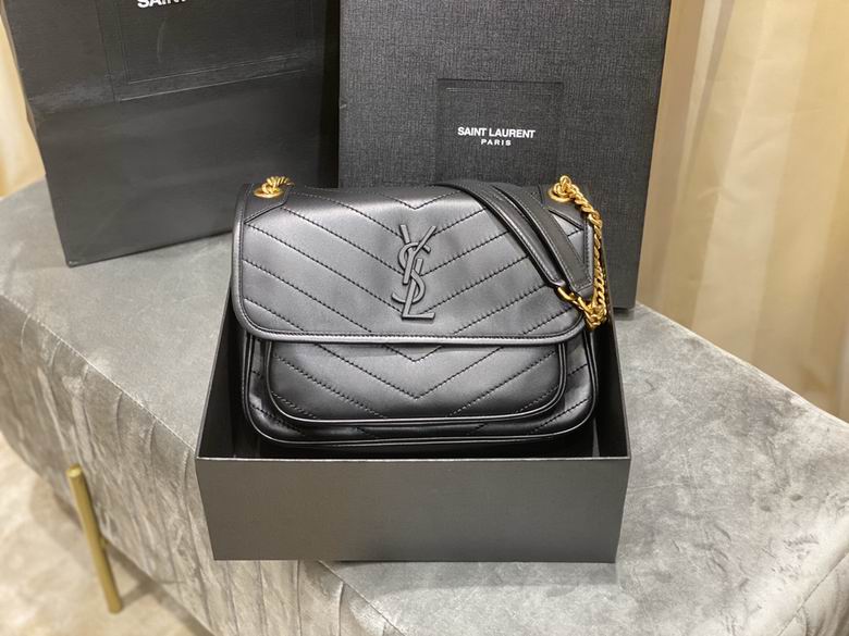 Saint Laurent Niki Medium Chain Shoulder Bag in Black Chevron-Quilted Leather