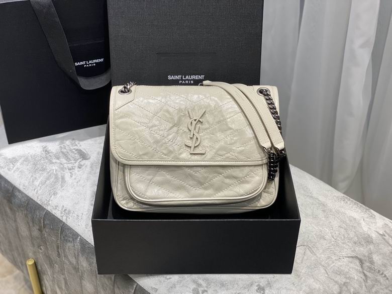 Saint Laurent Niki Medium Chain Shoulder Bag in Off-White Crinkled Leather