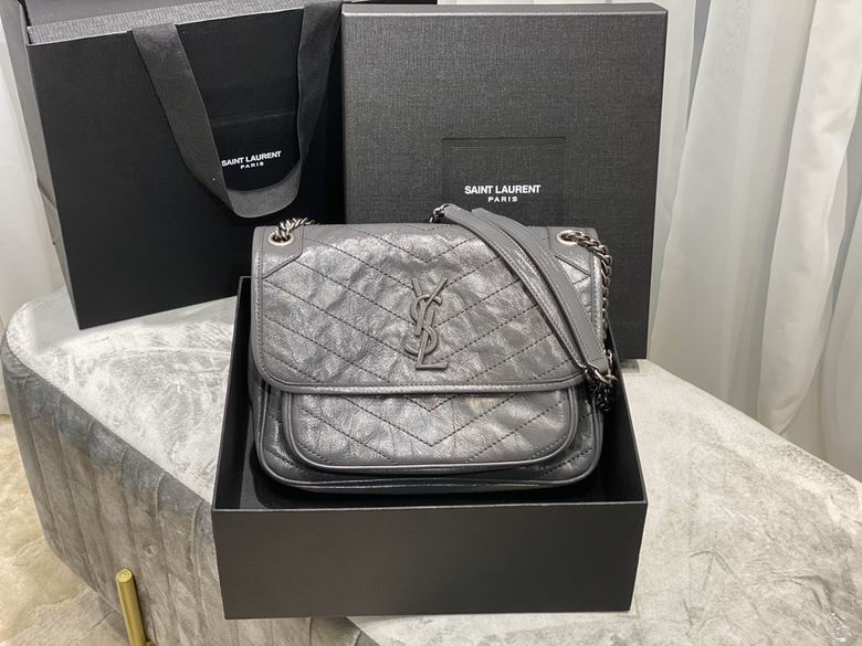Saint Laurent Niki Medium Chain Shoulder Bag in Grey Crinkled Vintage Leather