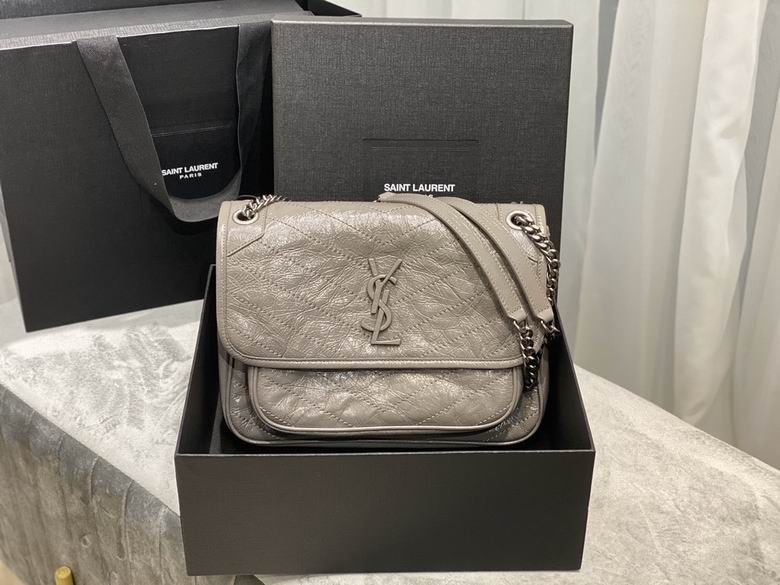 Saint Laurent Niki Medium Chain Shoulder Bag in Grey Crinkled Vintage Leather