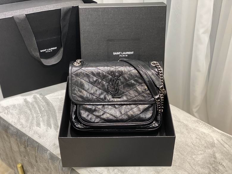 Saint Laurent Niki Medium Chain Shoulder Bag in Black Crinkled Vintage Leather