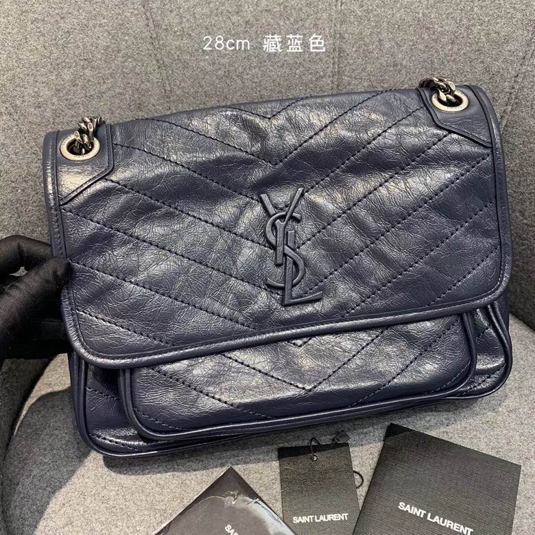 Saint Laurent Niki Medium Chain Shoulder Bag in Navy Crinkled Leather