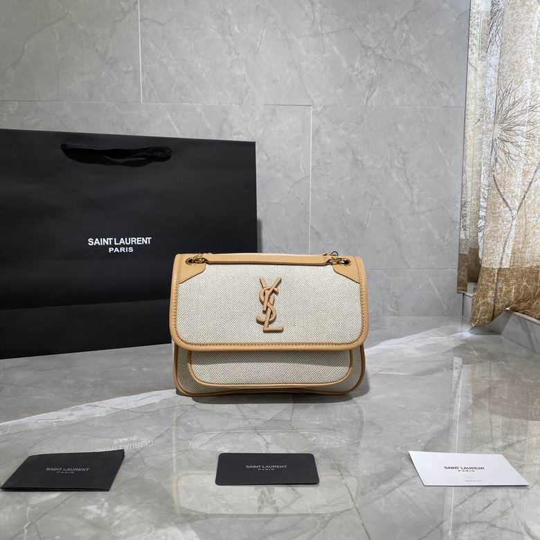 Saint Laurent Niki Baby Chain Shoulder Bag in Beige Canvas with Tan Leather