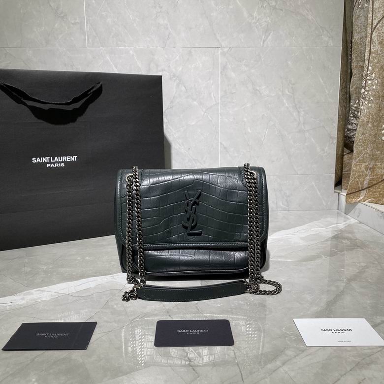 Saint Laurent Niki Baby Chain Shoulder Bag in Dark Green Croc-Embossed Leather