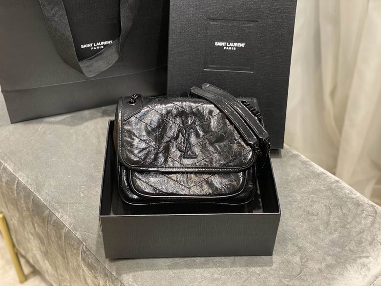 Saint Laurent Niki Baby Chain Shoulder Bag in Black Crinkled Vintage Leather