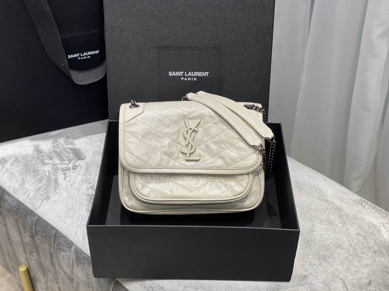 Saint Laurent Niki Baby Chain Shoulder Bag in Off-White Crinkled Leather