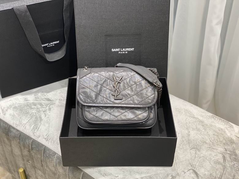 Saint Laurent Niki Baby Chain Shoulder Bag in Gray Crinkled Vintage Leather