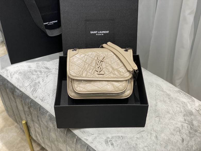 Saint Laurent Niki Baby Chain Shoulder Bag in Beige Crinkled Vintage Leather