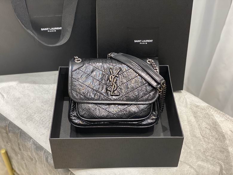 Saint Laurent Niki Baby Chain Shoulder Bag in Black Crinkled Vintage Leather