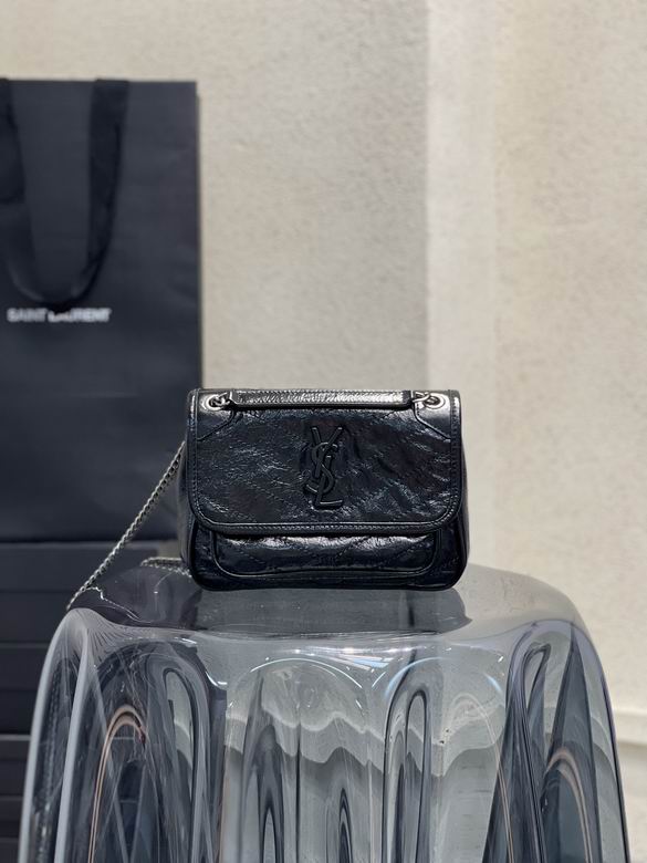 Saint Laurent Niki Baby Chain Shoulder Bag in Black Crinkled Vintage Leather