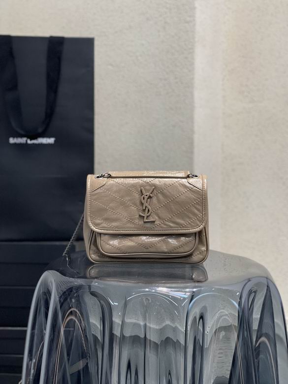 Saint Laurent Niki Baby Chain Shoulder Bag in Beige Crinkled Vintage Leather