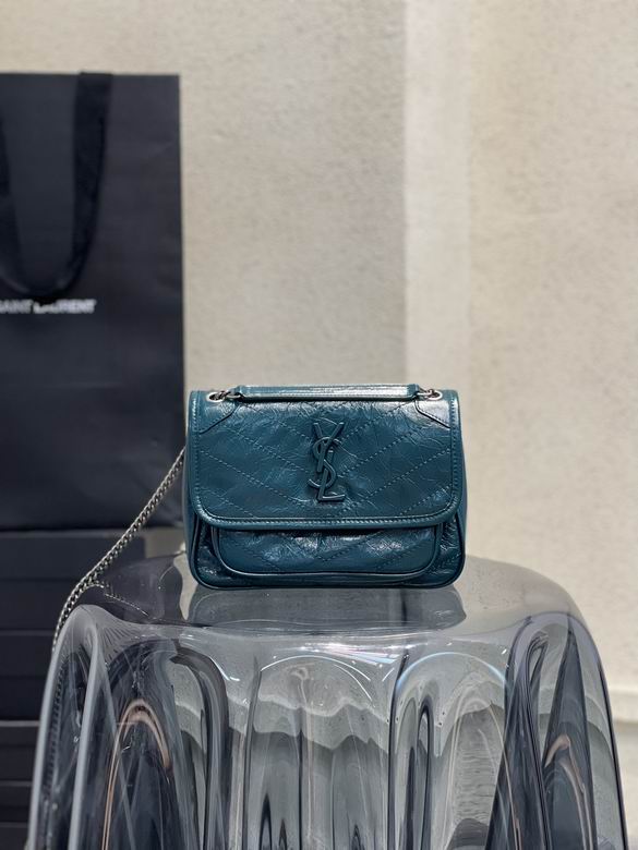 Saint Laurent Niki Baby Chain Shoulder Bag in Teal Crinkled Vintage Leather