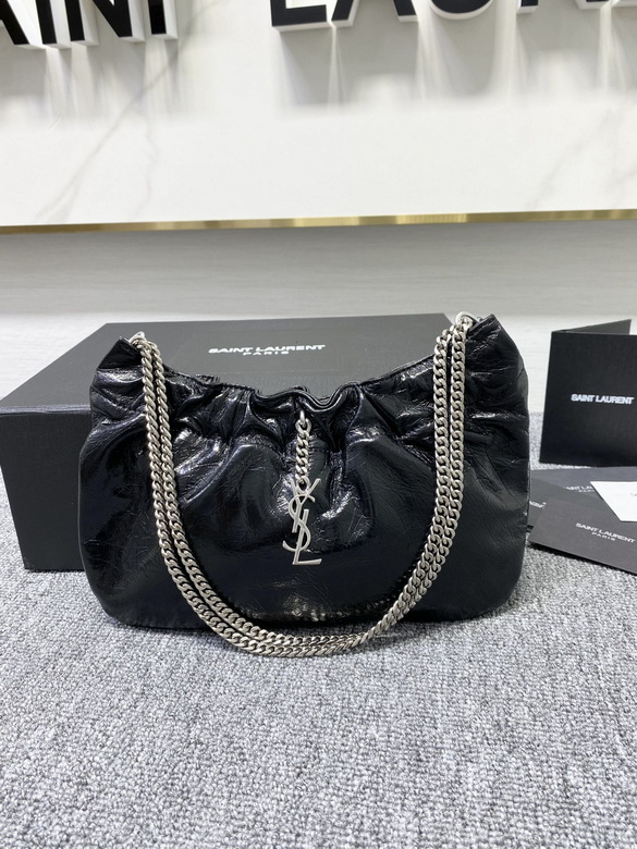 Saint Laurent Cloud Ruched Shoulder Bag in Black Crinkled Leather