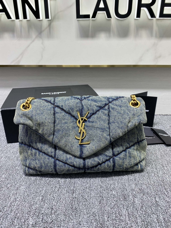 Saint Laurent Loulou Puffer Small Chain Bag in Washed Blue Quilted Denim