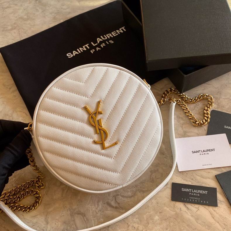 Saint Laurent Vinyle Round Camera Bag in White Grained Chevron Leather