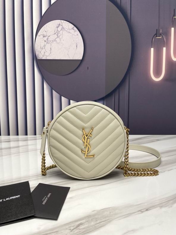 Saint Laurent Vinyle Round Camera Bag in Cream Grained Chevron Leather