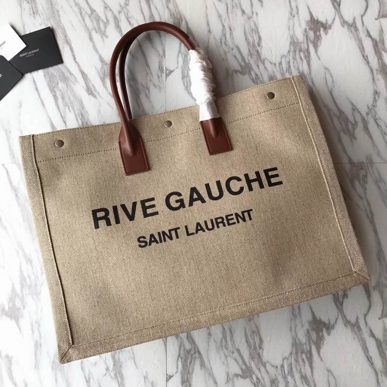 Saint Laurent Rive Gauche Large Tote Bag in Beige Linen with Brown Leather