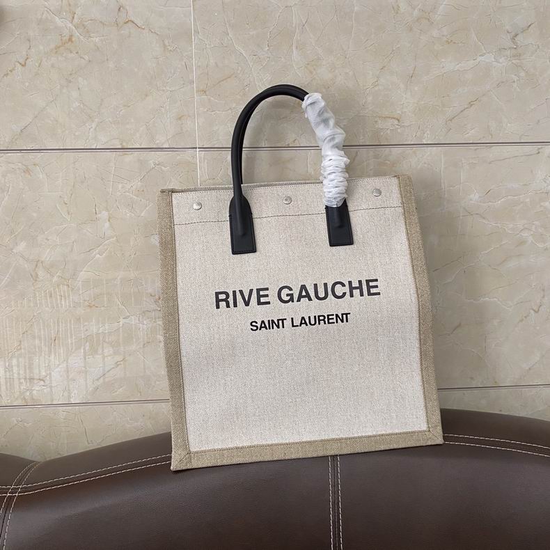 Saint Laurent Rive Gauche North/South Tote Bag in Beige Linen with Black Handles