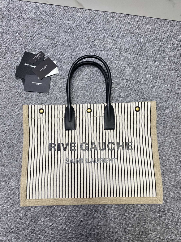 Saint Laurent Rive Gauche Tote Bag in Striped Canvas with Black Leather Handles