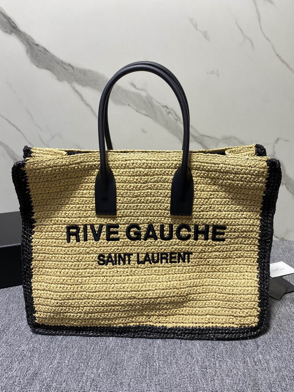 Saint Laurent Rive Gauche Tote Bag in Natural Raffia with Black Trim