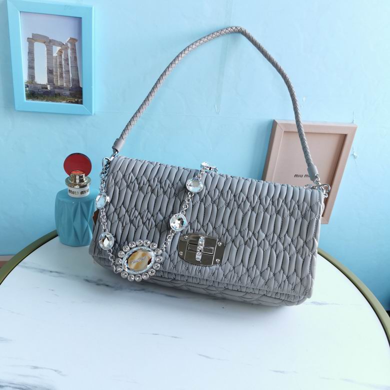 Miu Miu Crystal Matelassé Shoulder Bag with Braided Strap in Grey Nappa Leather