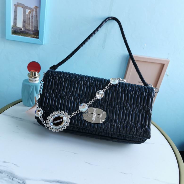 Miu Miu Crystal Cloquet Shoulder Bag in Black Nappa Leather with Jewel Chain