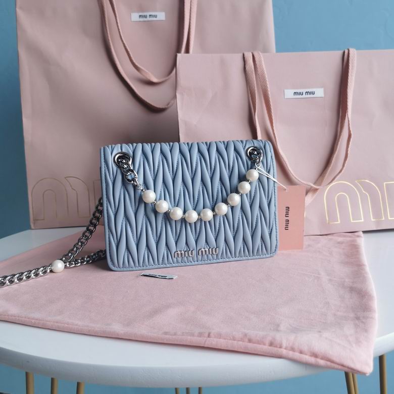 Miu Miu Matelassé Pearl Chain Shoulder Bag in Light Blue Quilted Leather