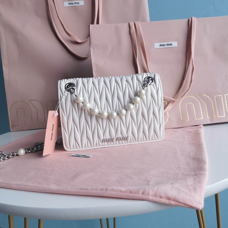 Miu Miu Matelassé Pearl-Embellished Shoulder Bag in White Quilted Leather