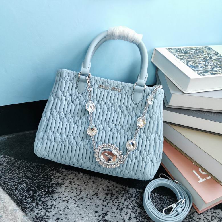 Miu Miu Matelassé Crystal-Embellished Top-Handle Tote in Light Blue Nappa Leather