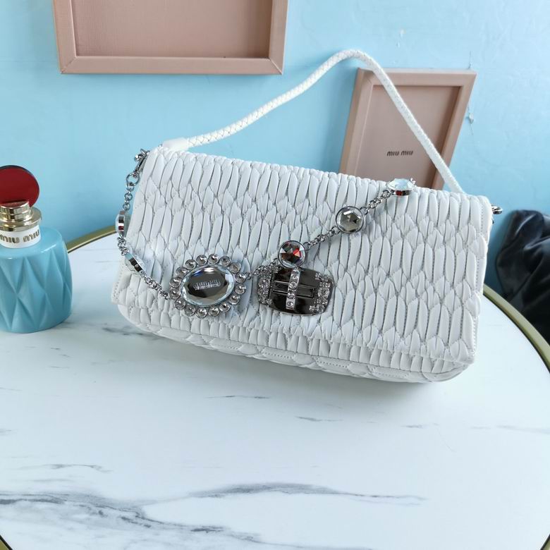 Miu Miu Crystal Cloquè Shoulder Bag in White Nappa Leather with Jeweled Chain