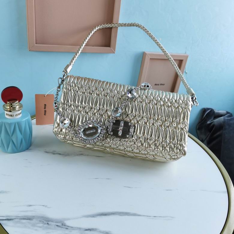 Miu Miu Matelassé Crystal-Embellished Shoulder Bag in Gold Nappa Leather