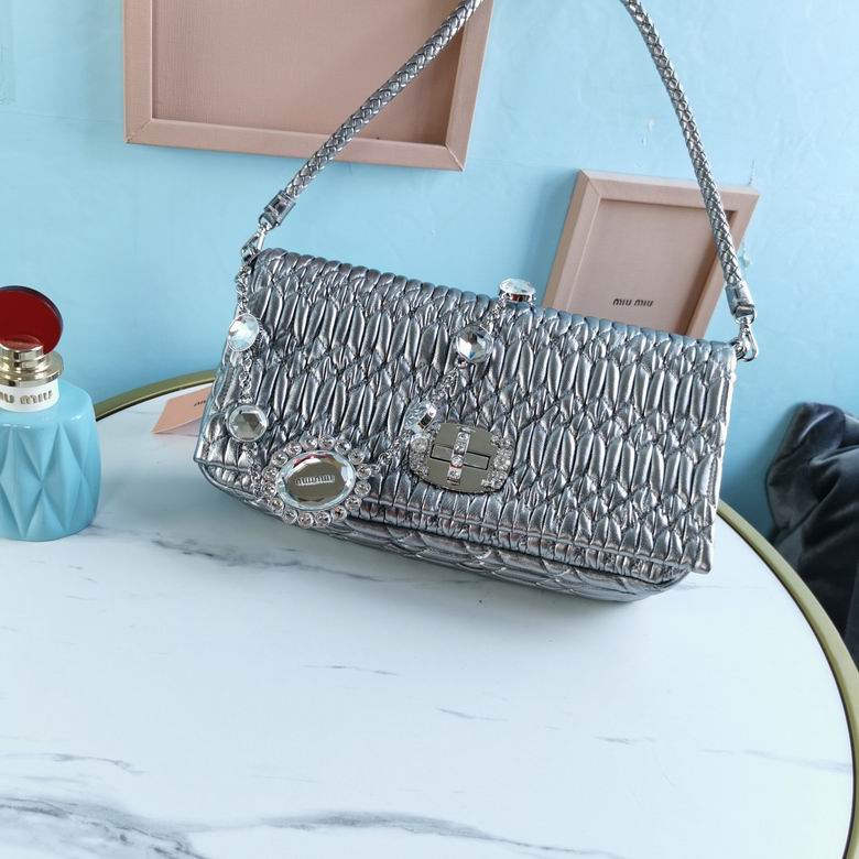 Miu Miu Crystal Cloquè Shoulder Bag 5BD233 in Silver Metallic Nappa Leather