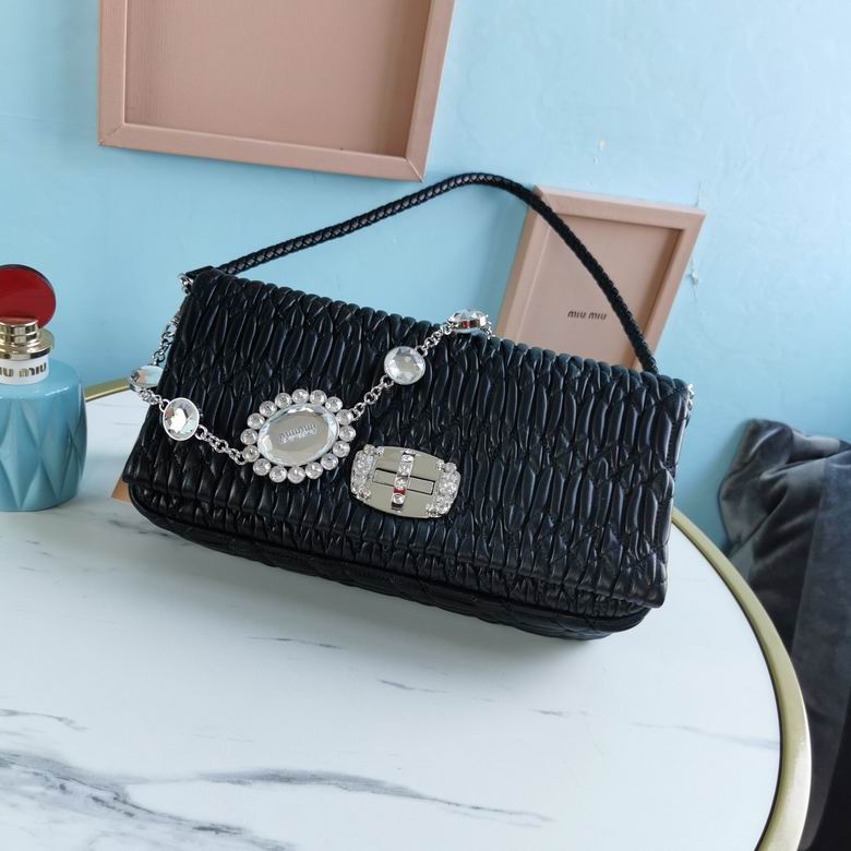 Miu Miu Crystal Cloquè Shoulder Bag in Black Nappa Leather with Crystals