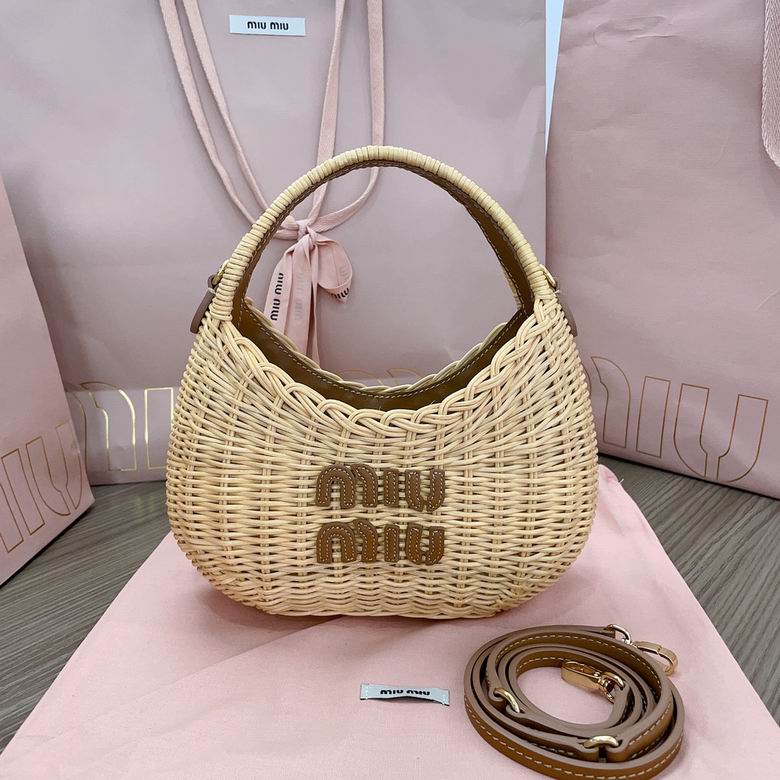 Miu Miu Wicker Top-Handle Bag in Natural Woven Wicker with Tan Leather