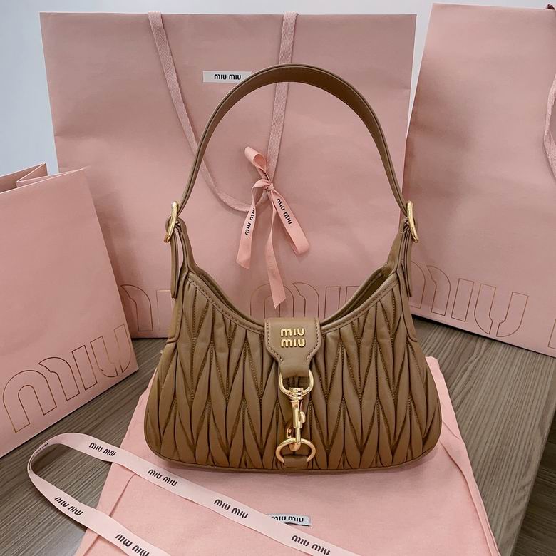 Miu Miu Matelassé Nappa Leather Hobo Shoulder Bag in Camel with Gold Clasp