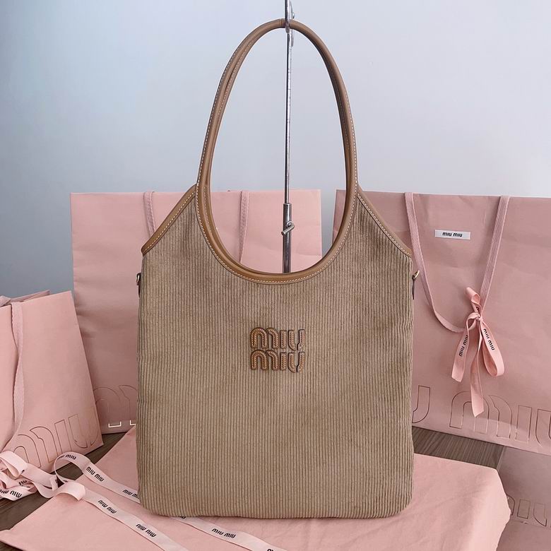 Miu Miu Ivy Corduroy Tote Bag with Leather Handle in Beige