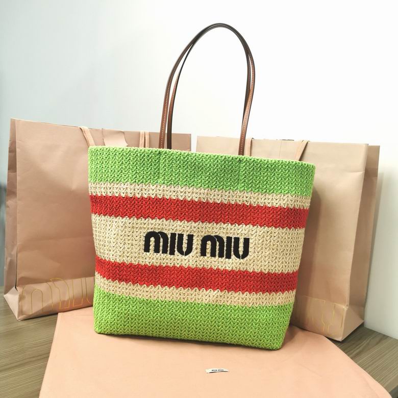 Miu Miu Striped Woven Tote Bag with Logo in Green, Red and Natural