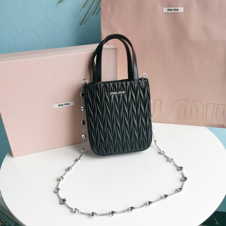 Miu Miu Mini Matelassé Tote Bag with Crystal Chain Strap in Black Nappa Leather