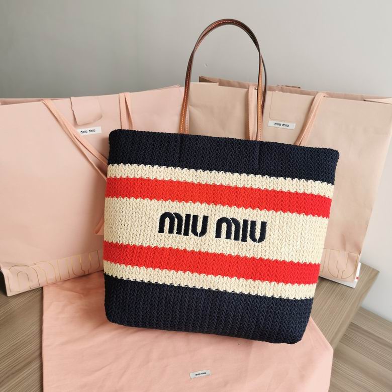 Miu Miu Striped Woven Tote Bag with Logo in Navy, Red and Cream