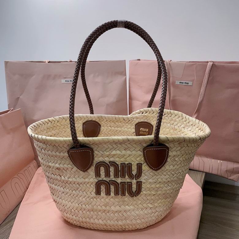 Miu Miu Woven Palm Tote Bag with Braided Leather Handles and Logo Lettering
