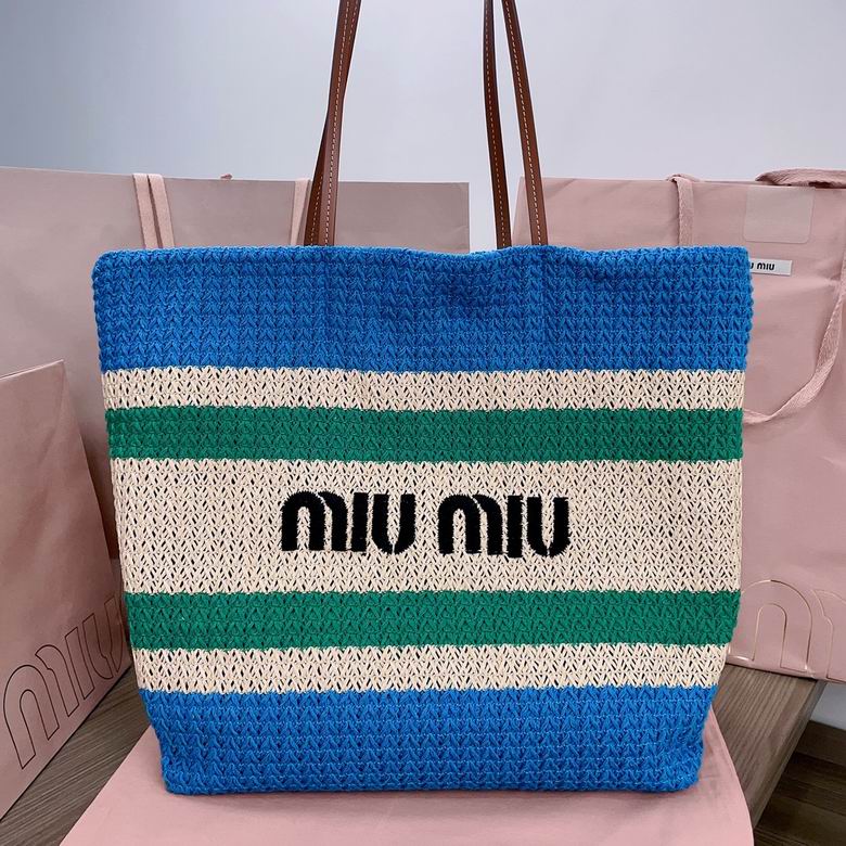 Miu Miu Woven Tote Bag in Blue, Cream and Green Striped Crochet with Logo
